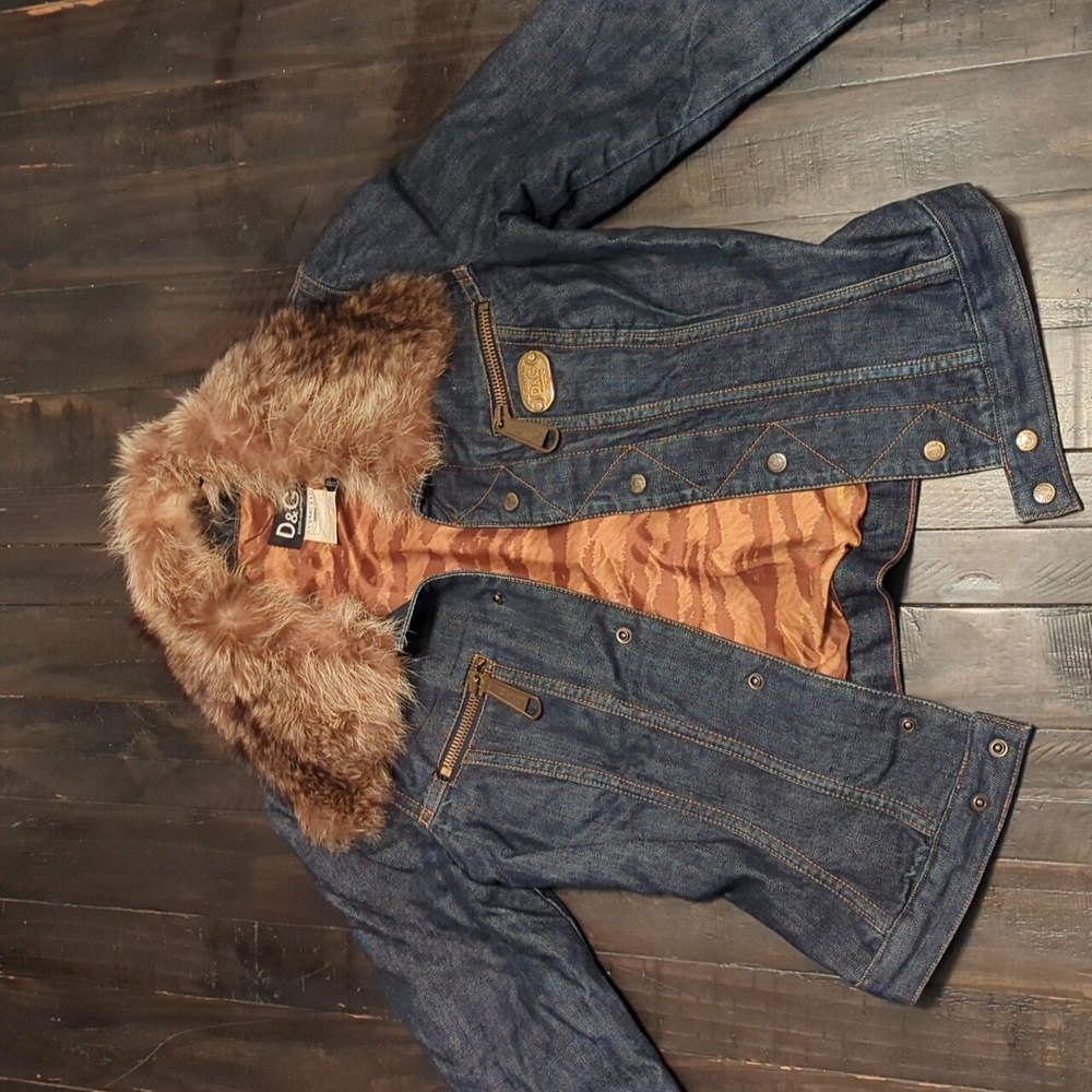 Dolce & Gabbana Blue Denim Jacket with Brown Fur Collar